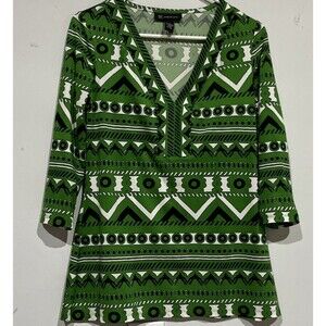 INC International Concepts Women's Small Blouse  Green Print 3/4 Sleeve Vneck